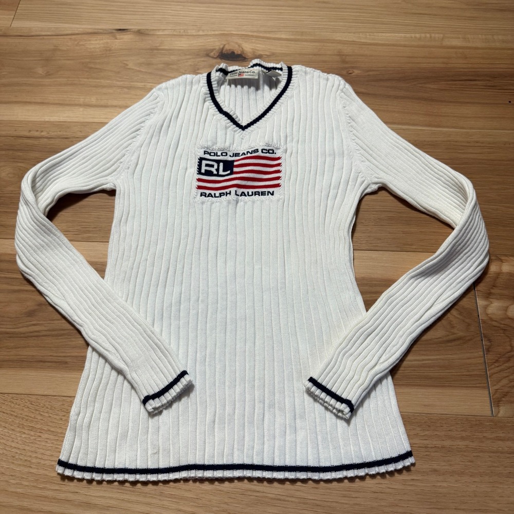 Polo Ralph Lauren Flag Sweater Womens M White Vintage 90s Ribbed V-Neck Knit
